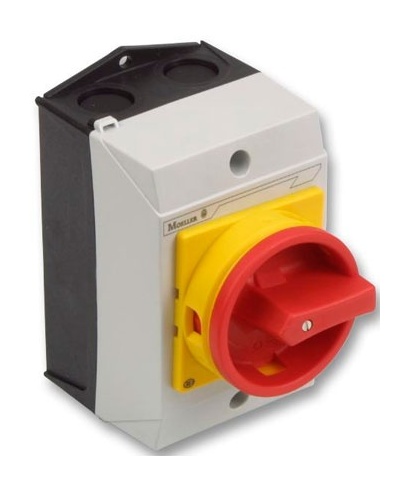 INTERRUPTOR GENERAL 3P 25A 400V AC23 +1 NO + 1 NC MONTAJE EN CAJA -MANETA ROJA/AMARILLA P1-25/L2/SVB/HL11 EATON