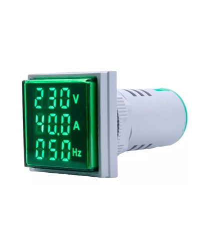 VOLTIMETRO, AMPERIMETRO , FRECUENCIMETRO  DIGITAL AD101-22VAHZS-V AC50-500V 0-100A VERDE
PANTALLA CUADRADA