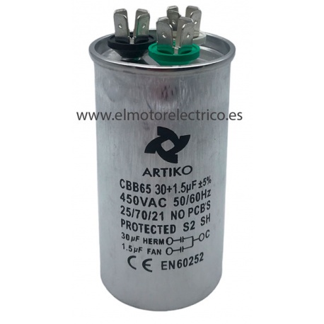 CONDENSADOR ARRANQUE DOBLE 30+1.5MF 450W CBB65 450V,PARA AIRE ACONDICIONADO Y MOTOR DE EQUIPO INDUSTRIAL